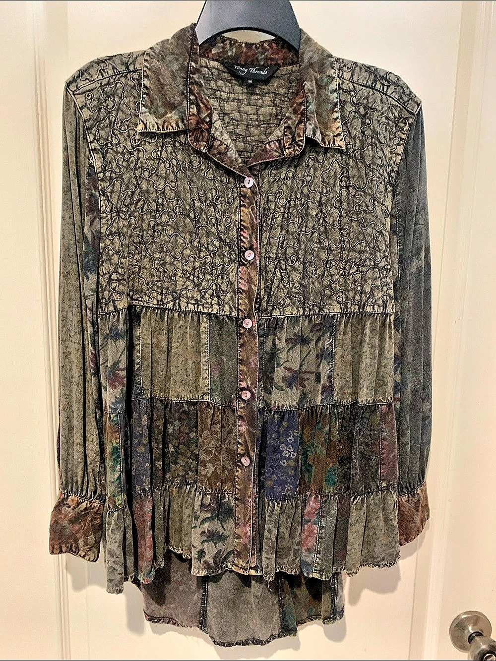 Young Threads Floral Patchwork Blouse in Green & Brown Size Medium